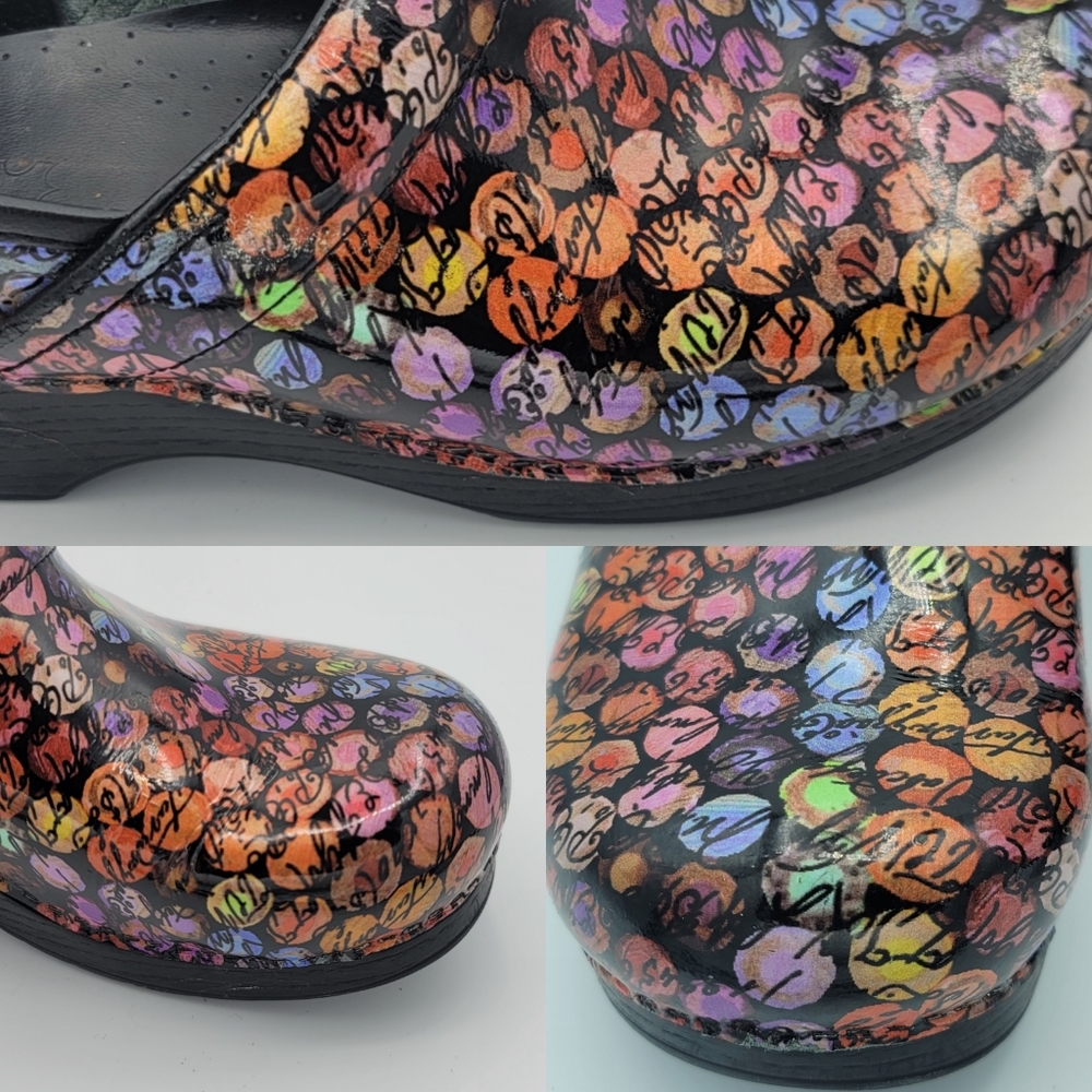 Dansko Viola Multicolor Dot/Cursive Slip On Nurse Clogs Women EU 40 US 9.5 - 10 - Picture 11 of 11